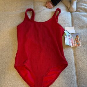Limeapple Girls Red Textured One-Piece Swimsuit